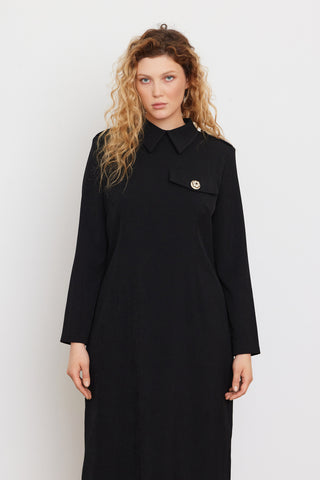 Fitted Long Sleeve Dress With Stand-Up Collar Black