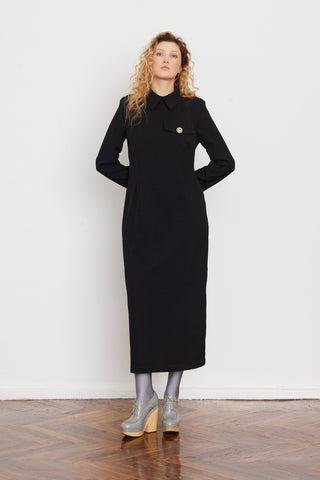 Fitted Long Sleeve Dress With Stand-Up Collar Black