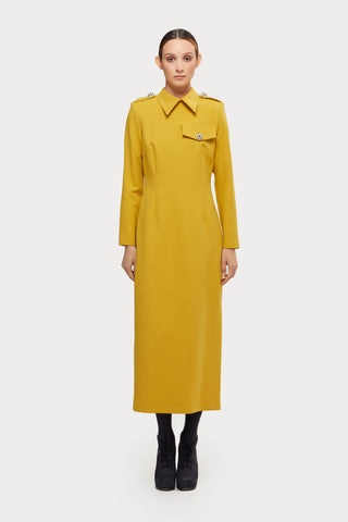 Fitted Long Sleeve Dress With Stand-Up Collar Yellow