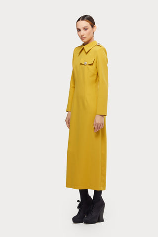 Fitted Long Sleeve Dress With Stand-Up Collar Yellow