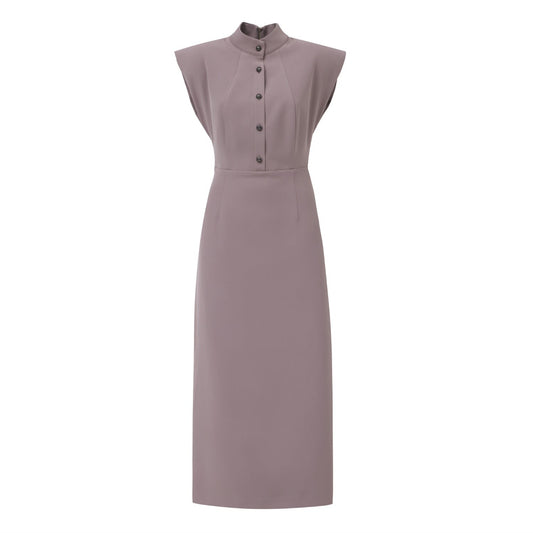 Fitted Sheath Dress With Shoulder Pads Dark Beige