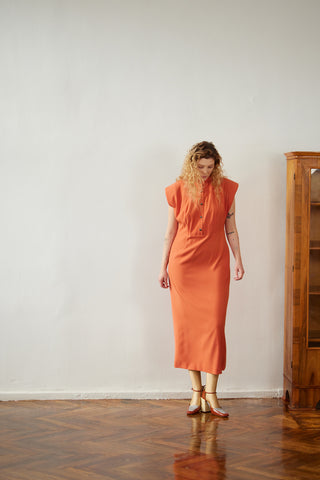 Fitted Sheath Dress With Shoulder Pads Orange