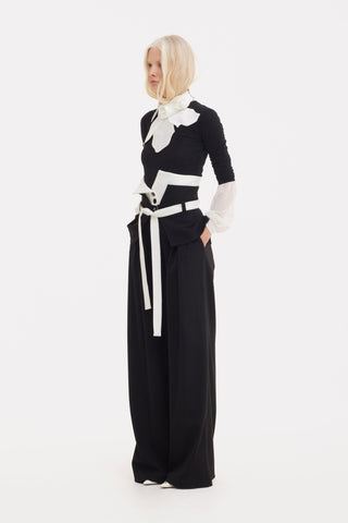 Flared Pants With Corset Waistband Black-White - Julia Allert