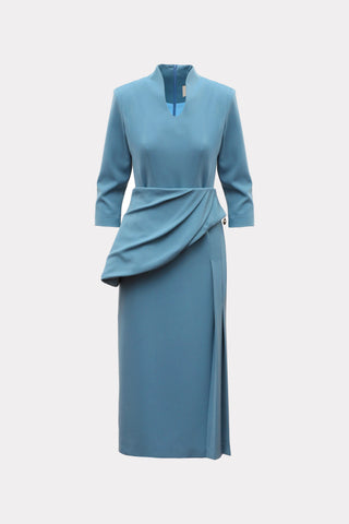 Formal Cocktail Midi Dress With Peplum Belt - Light Blue