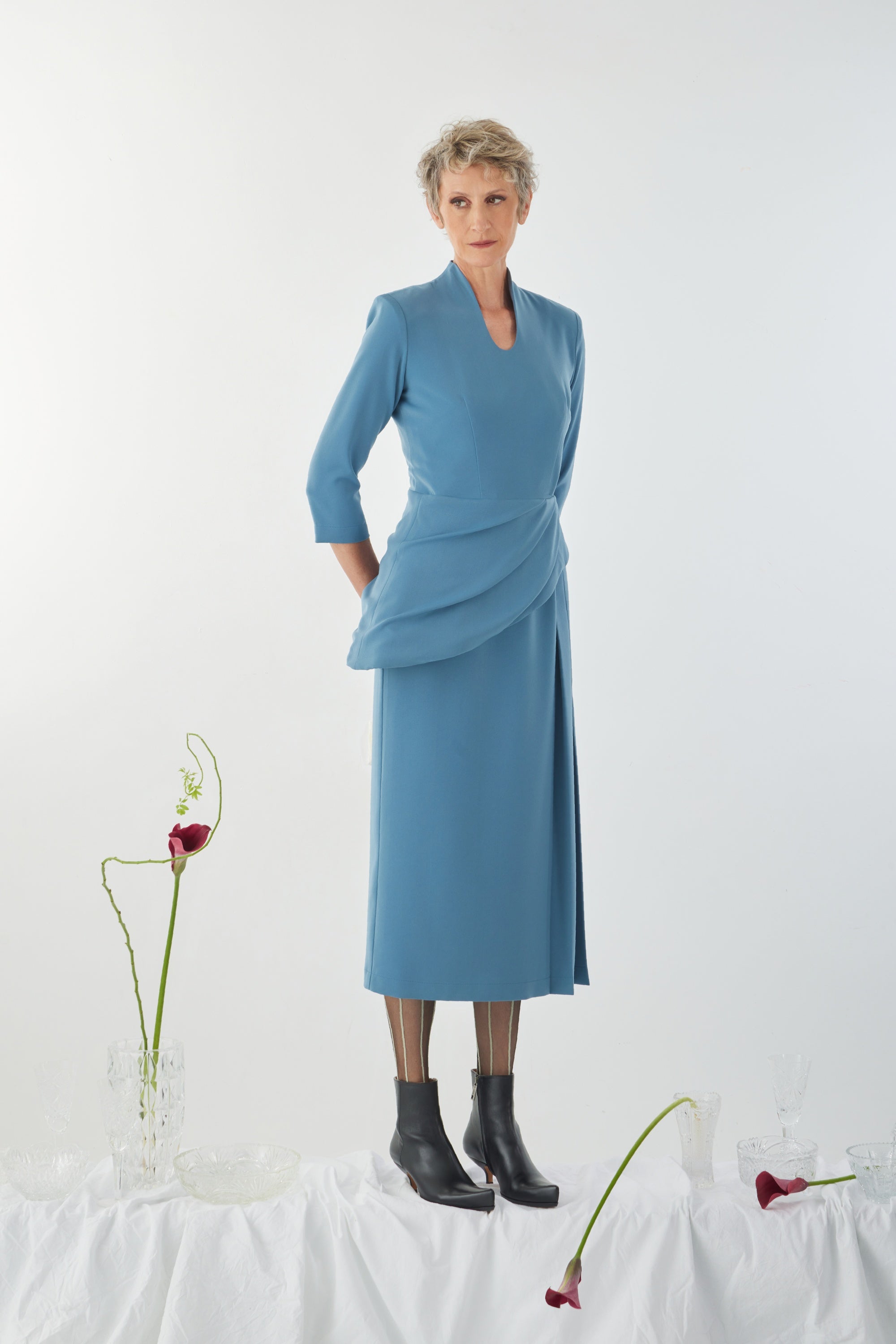 Formal Cocktail Midi Dress With Peplum Belt - Light Blue XS Formal Cocktail Midi Dress With Peplum Belt - Light Blue XS
