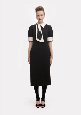 Formal Fitted Dress With White Collar - Office To Evening Style Black