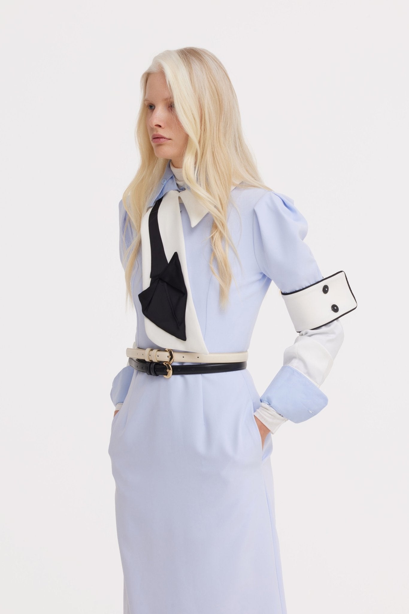 Formal Fitted Dress With White Collar - Office To Evening Style Light Blue