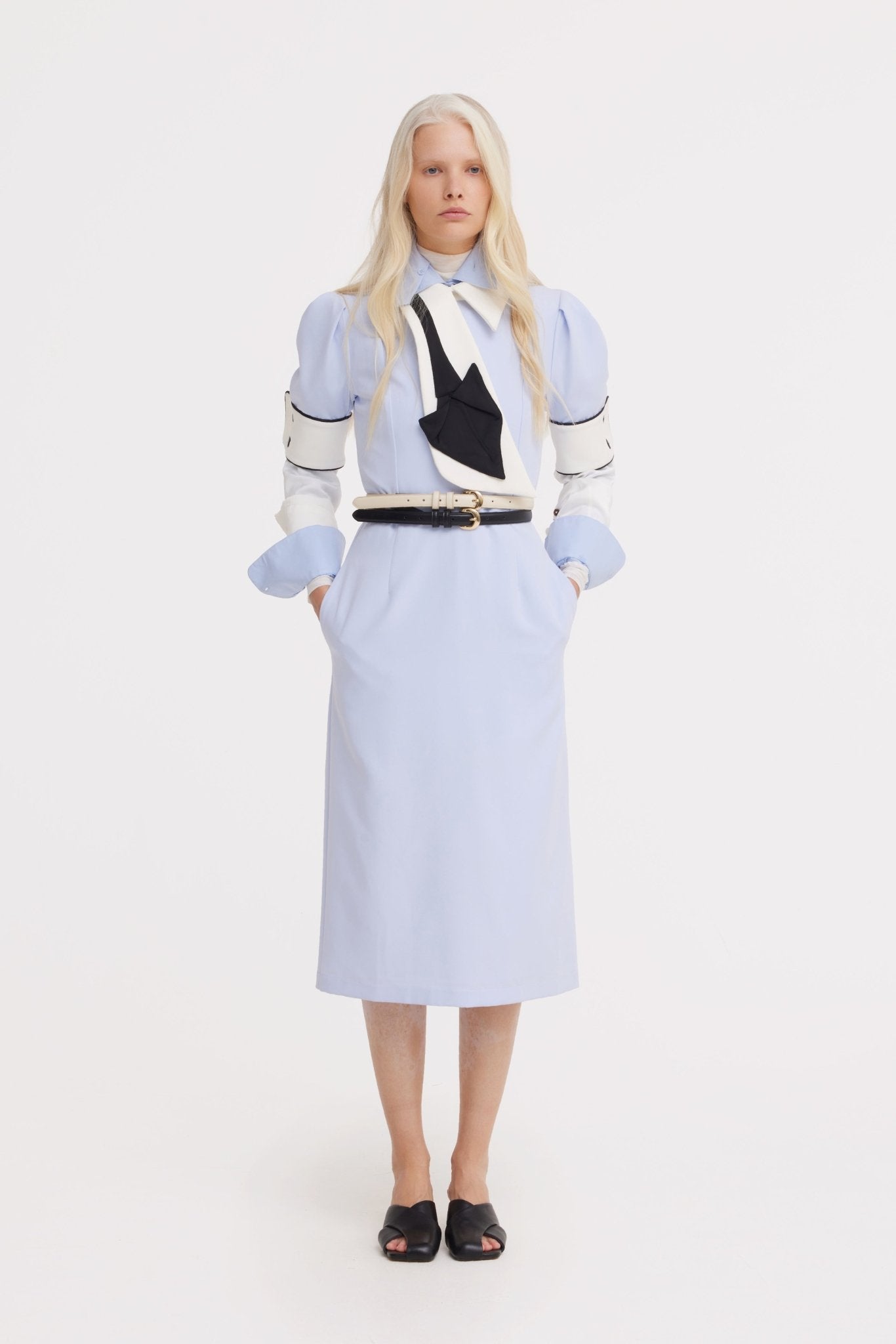 Formal Fitted Dress With White Collar - Office To Evening Style Light Blue