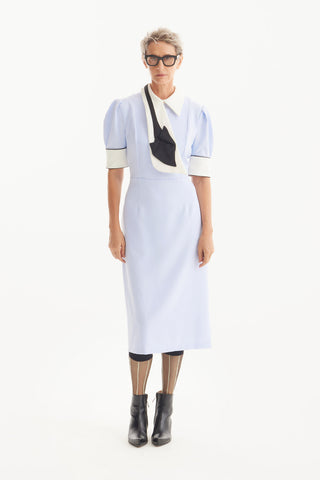 Formal Fitted Dress With White Collar - Office To Evening Style Light Blue