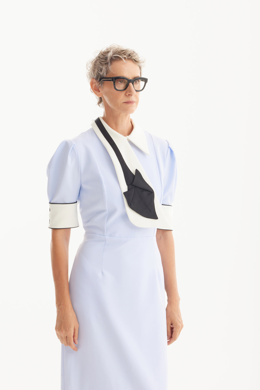 Formal Fitted Dress With White Collar - Office To Evening Style Light Blue xxl Formal Fitted Dress With White Collar - Office To Evening Style Light Blue xxl