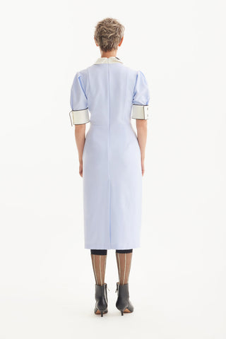 Formal Fitted Dress With White Collar - Office To Evening Style Light Blue