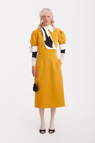 Formal Fitted Dress With White Collar - Office To Evening Style Mustard Yellow - Julia Allert
