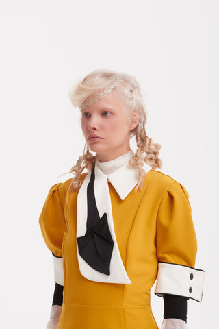 Formal Fitted Dress With White Collar - Office To Evening Style Mustard Yellow - Julia Allert