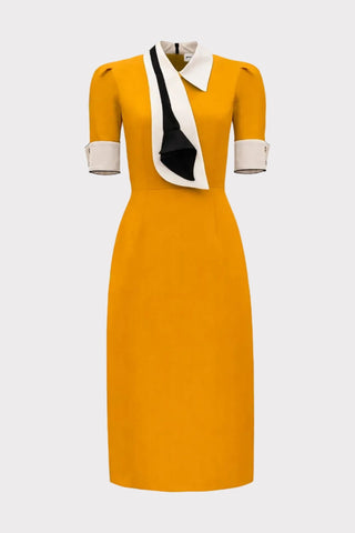 Formal Fitted Dress With White Collar - Office To Evening Style Mustard Yellow