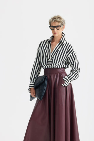 Full Flare High Waist Faux Leather Skirt - Burgundy - Julia Allert