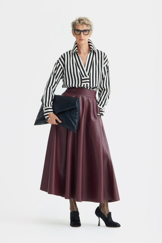 Full Flare High Waist Faux Leather Skirt - Burgundy - Julia Allert
