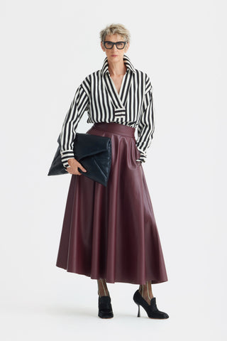 Full Flare High Waist Faux Leather Skirt - Burgundy