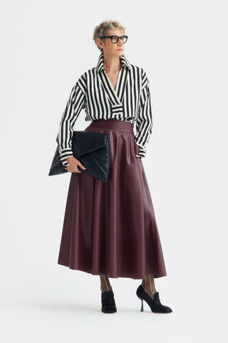 Full Flare High Waist Faux Leather Skirt - Burgundy