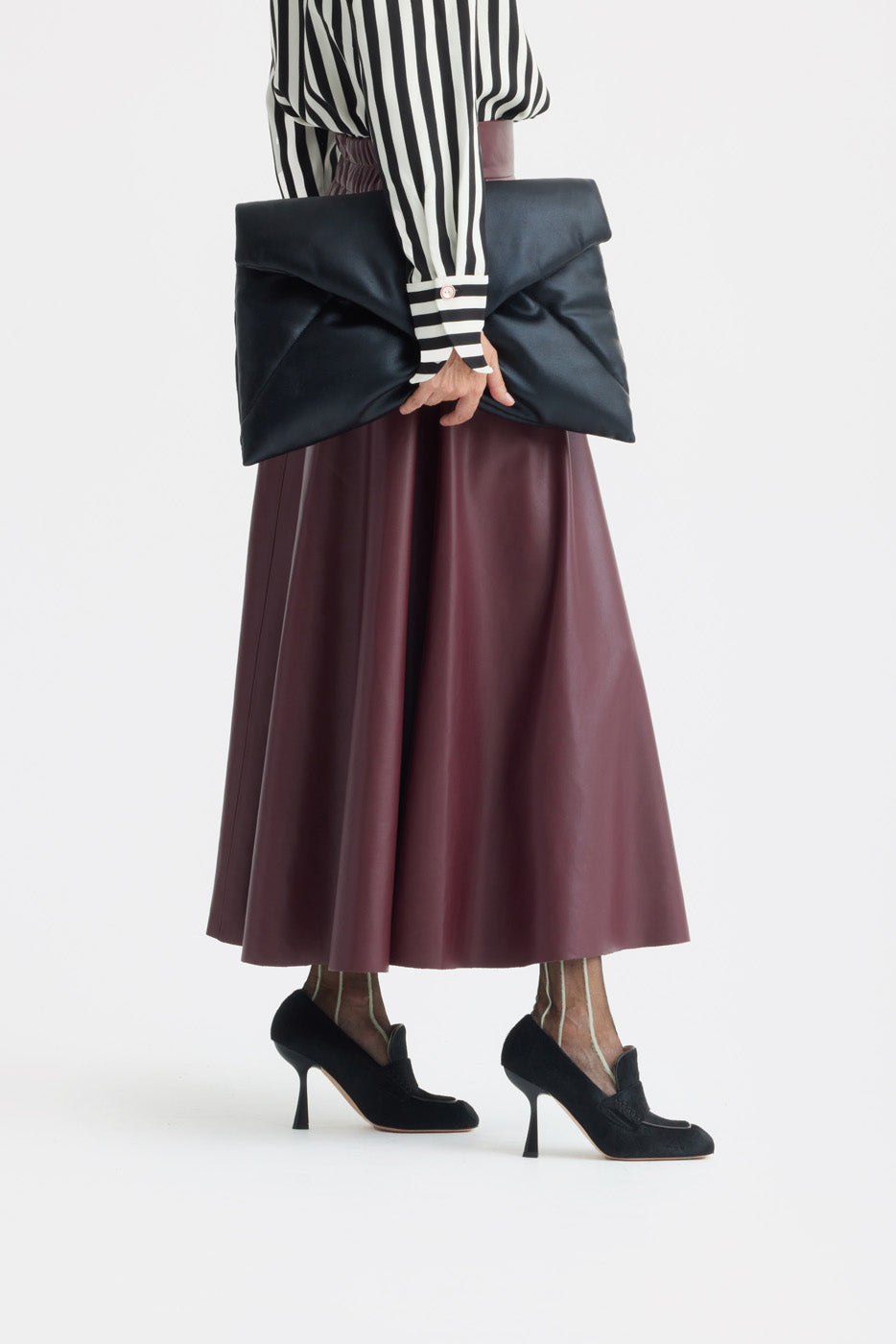 Full Flare High Waist Faux Leather Skirt - Burgundy l Full Flare High Waist Faux Leather Skirt - Burgundy l