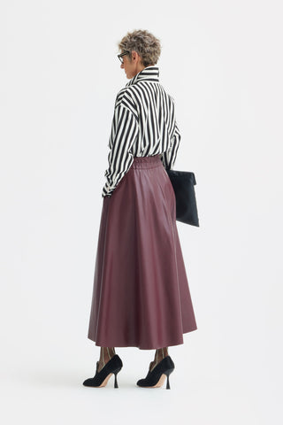 Full Flare High Waist Faux Leather Skirt - Burgundy