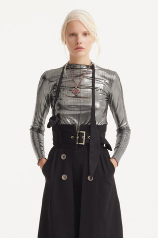 Glitter-Effect Fitted Long Sleeve Blouse Silver