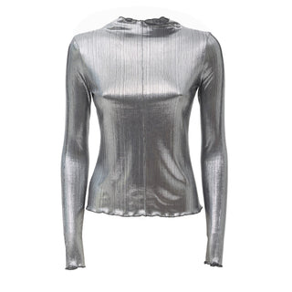 Glitter-Effect Fitted Long Sleeve Blouse Silver