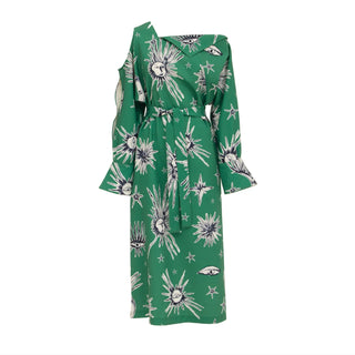 Green Off-Shoulder Midi Dress With Celestial Print