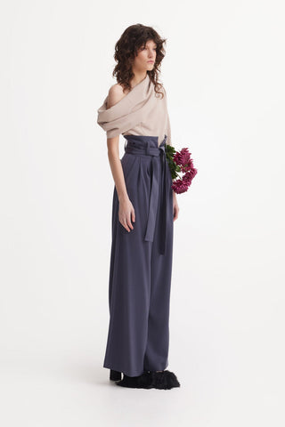 Grey High Waist Long Wide Leg Trousers - Julia Allert