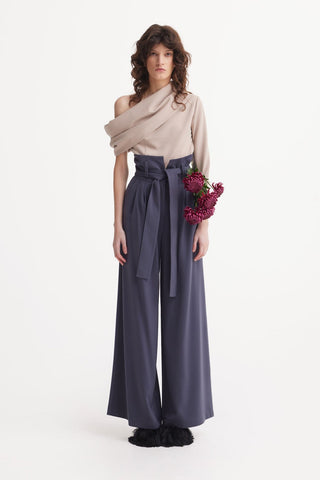 Grey High Waist Long Wide Leg Trousers - Julia Allert