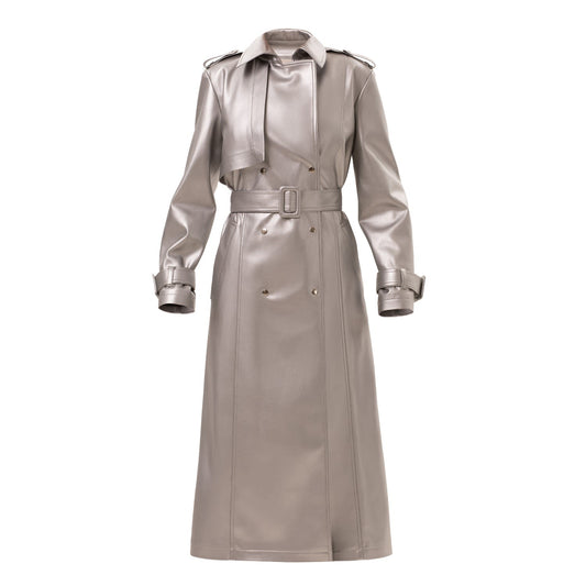 Fashion Silver Faux Leather Trench Coat