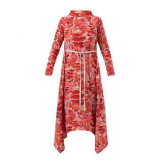 Pale Red Mushroom Print Midi Dress With Belt