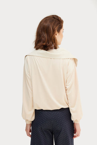 High-Neck Button-Up Loose Fit Blouse Faux Suede Pale Yellow - Julia Allert
