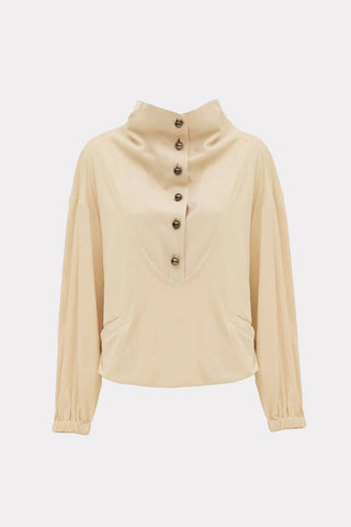 High-Neck Button-Up Loose Fit Blouse Faux Suede Pale Yellow - Julia Allert
