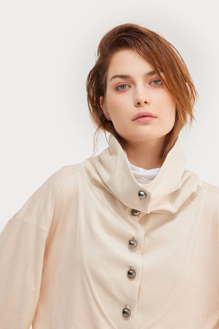 High-Neck Button-Up Loose Fit Blouse Faux Suede Pale Yellow - Julia Allert