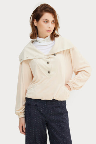 High-Neck Button-Up Loose Fit Blouse Faux Suede Pale Yellow - Julia Allert