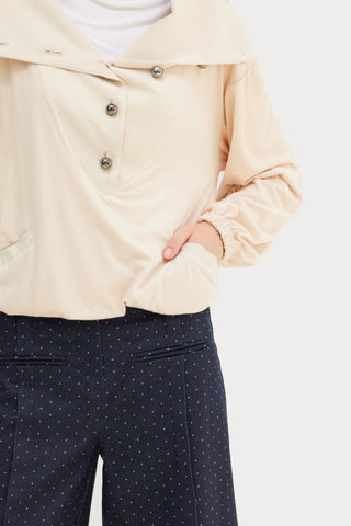 High-Neck Button-Up Loose Fit Blouse Faux Suede Pale Yellow - Julia Allert