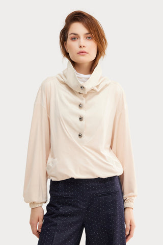 High-Neck Button-Up Loose Fit Blouse Faux Suede Pale Yellow - Julia Allert