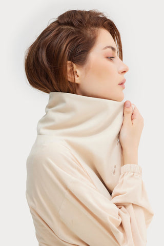 High-Neck Button-Up Loose Fit Blouse Faux Suede Pale Yellow - Julia Allert