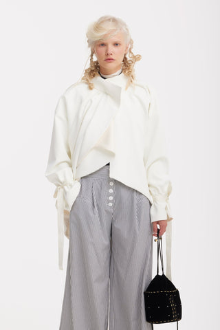 High Neck Draped Cotton Blouse - White - Julia Allert