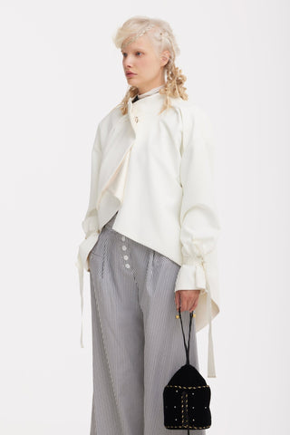 High Neck Draped Cotton Blouse - White - Julia Allert