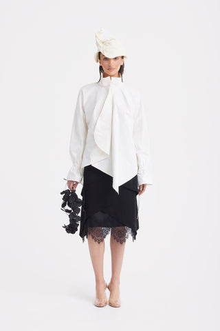 High Neck Draped Cotton Blouse - White - Julia Allert