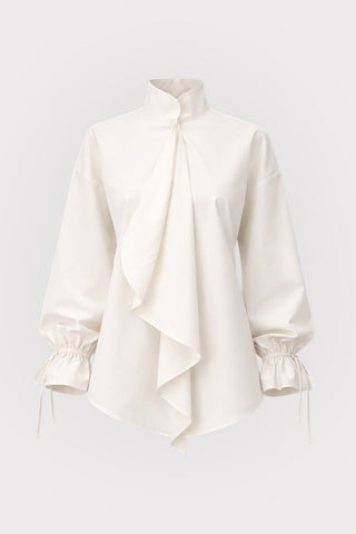High Neck Draped Cotton Blouse - White - Julia Allert