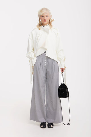 High Neck Draped Cotton Blouse - White - Julia Allert