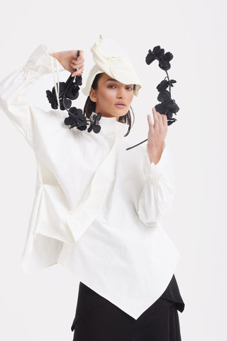 High Neck Draped Cotton Blouse - White - Julia Allert