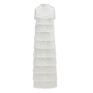 High Neck Fringed Evening Maxi Dress White