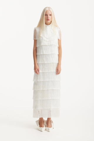 High Neck Fringed Evening Maxi Dress White