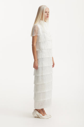 High Neck Fringed Evening Maxi Dress White