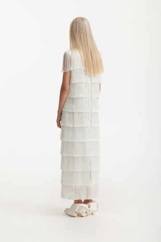 High Neck Fringed Evening Maxi Dress White