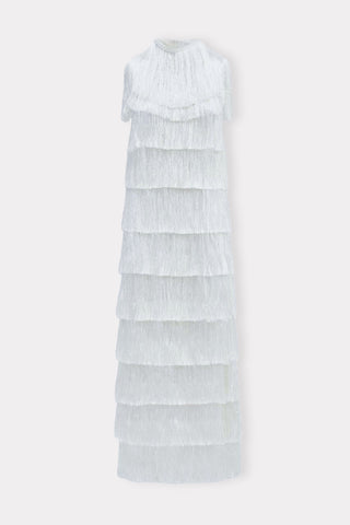 High Neck Fringed Evening Maxi Dress White