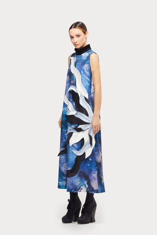 High Neck Sleeveless Dress Abstract Print Blue - Julia Allert